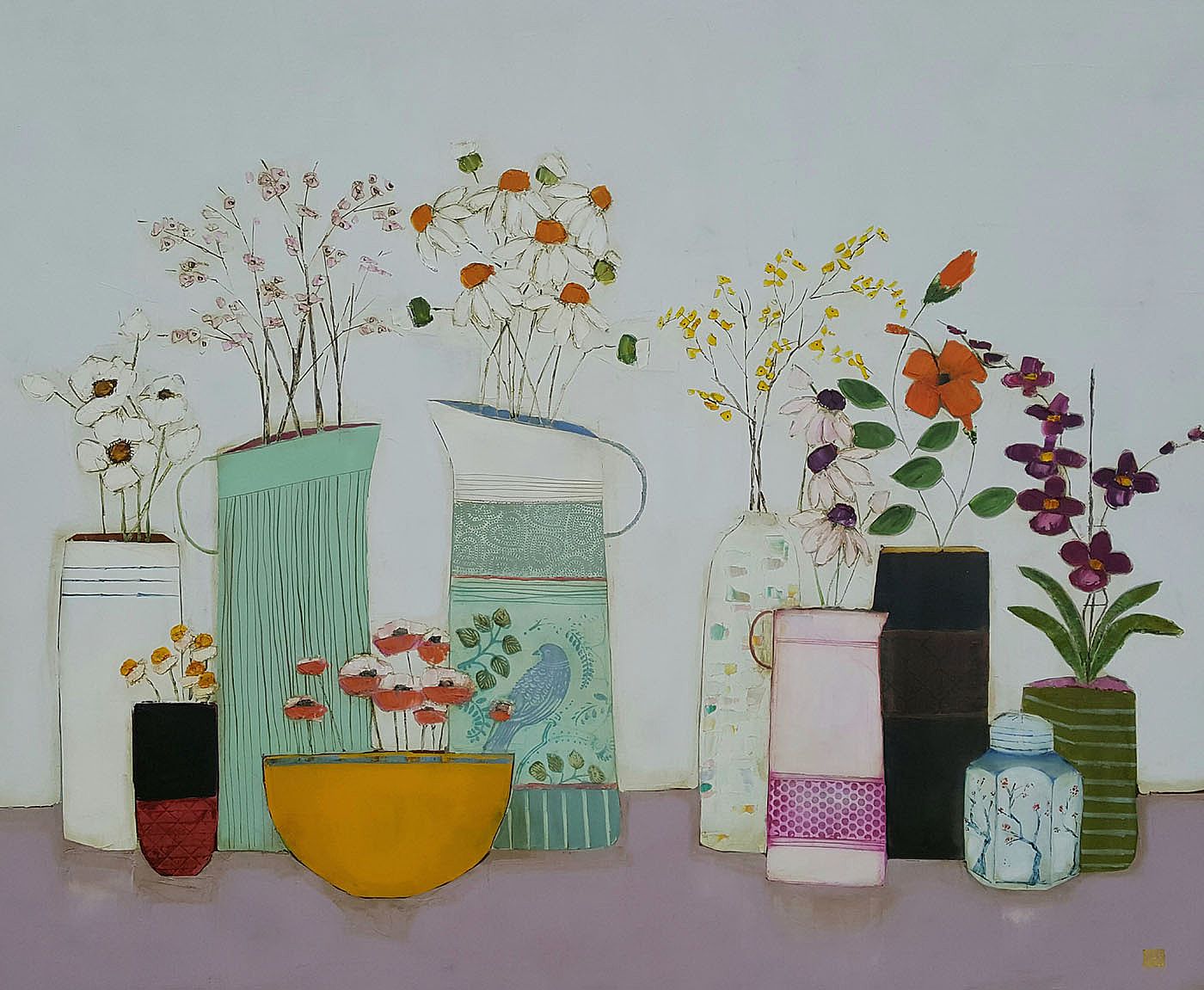 Eithne  Roberts - Mustard bowl and flower jugs 